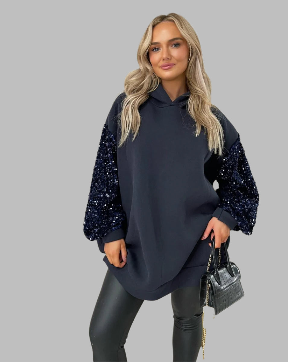 Oversized Sequin Sleeve Knitted Hoodie Jumper