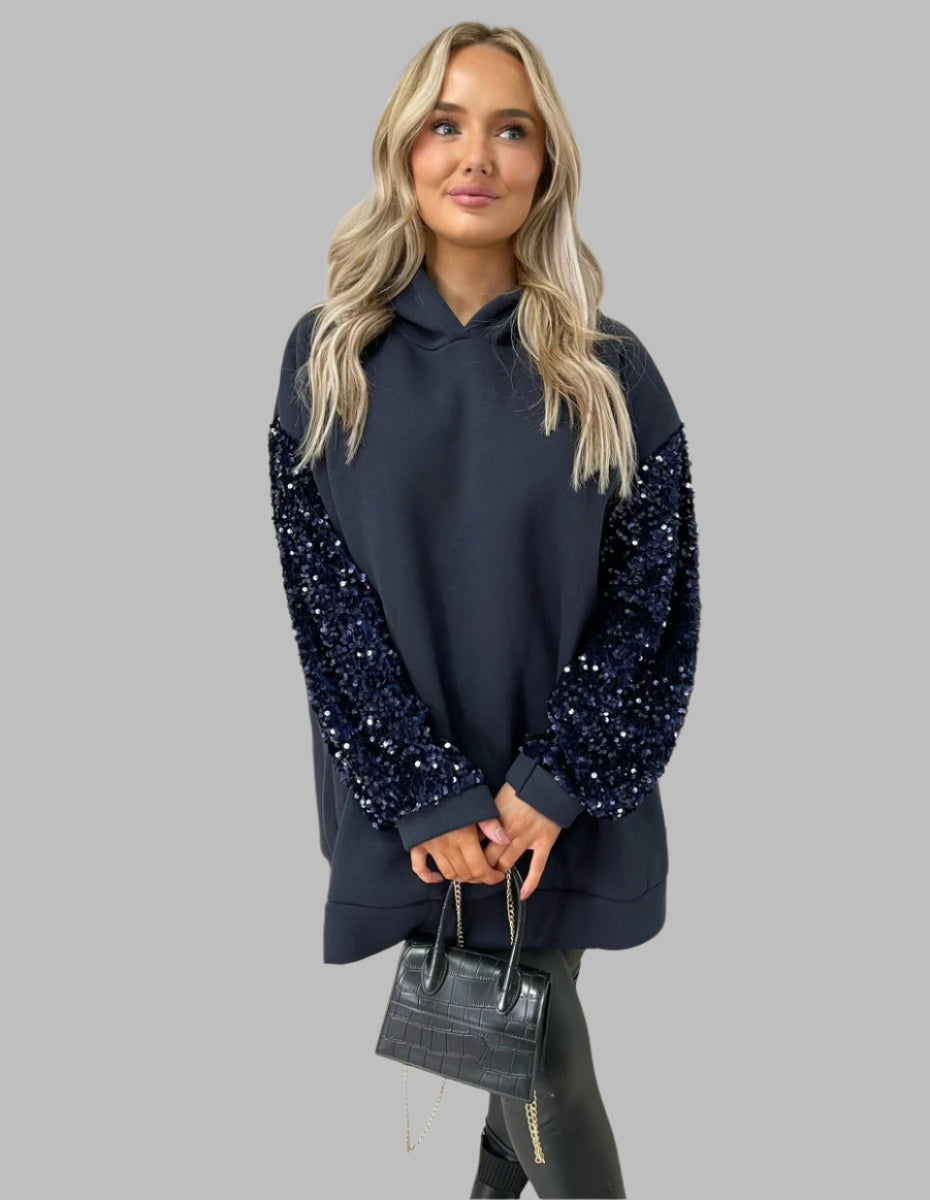 Oversized Sequin Sleeve Knitted Hoodie Jumper