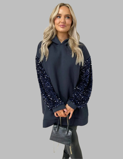 Oversized Sequin Sleeve Knitted Hoodie Jumper