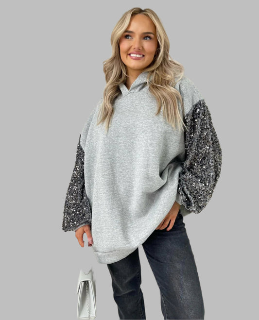 Oversized Sequin Sleeve Knitted Hoodie Jumper