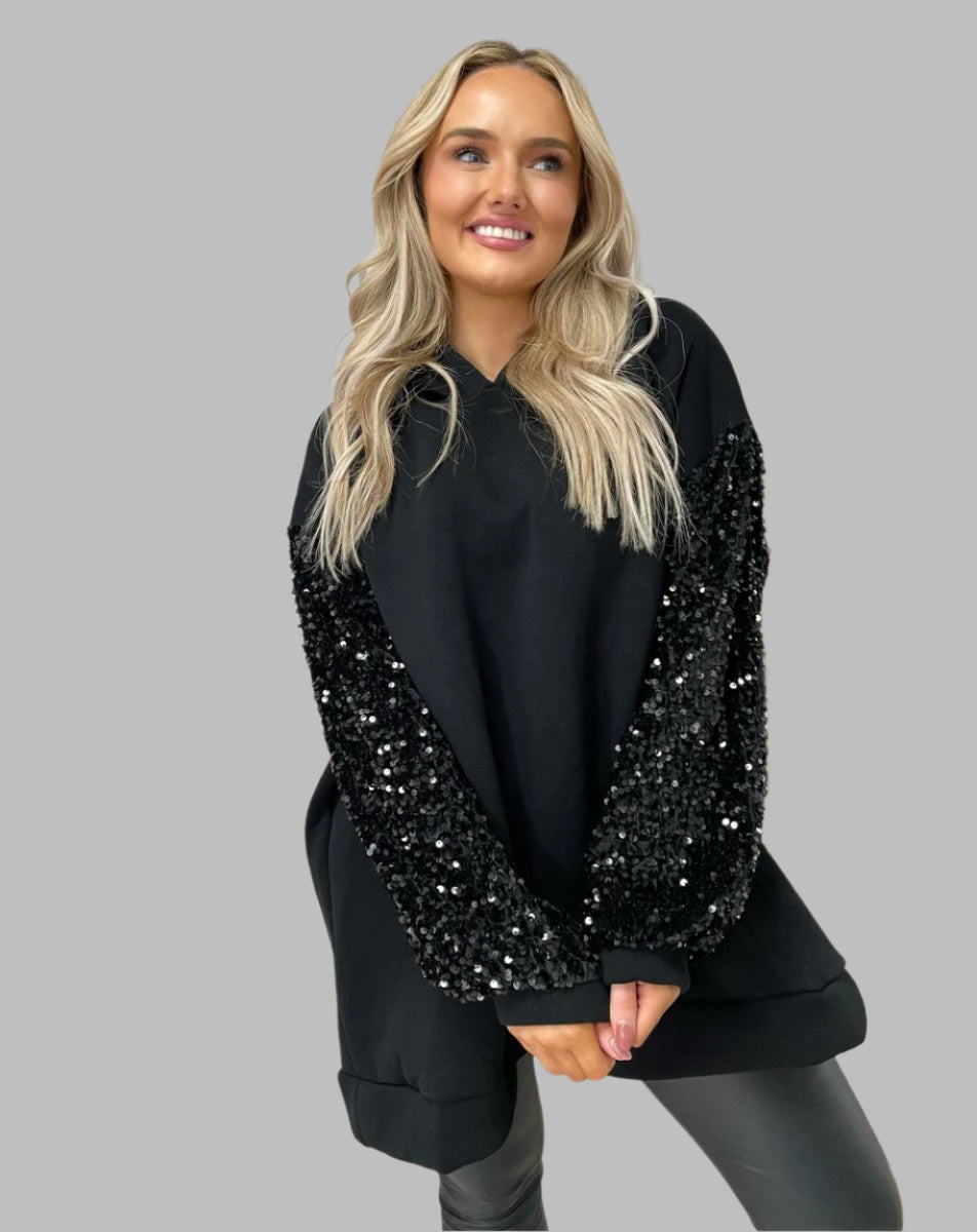 Oversized Sequin Sleeve Knitted Hoodie Jumper
