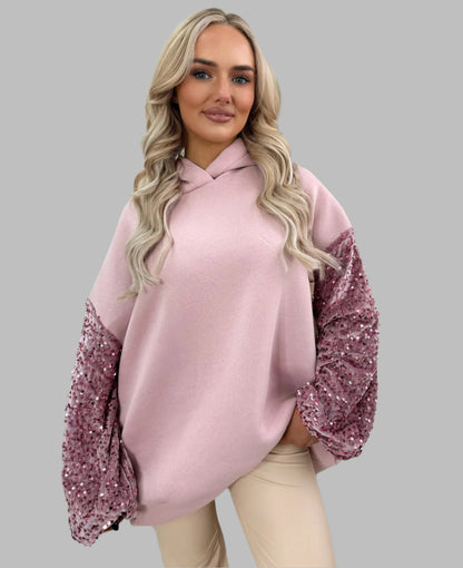 Oversized Sequin Sleeve Knitted Hoodie Jumper
