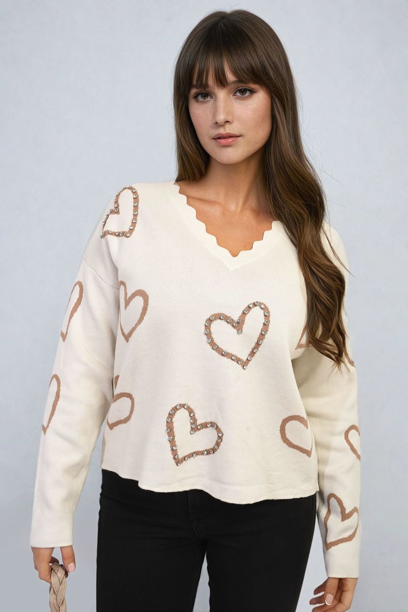 V-Neck Knit Jumper with Embellished Hearts