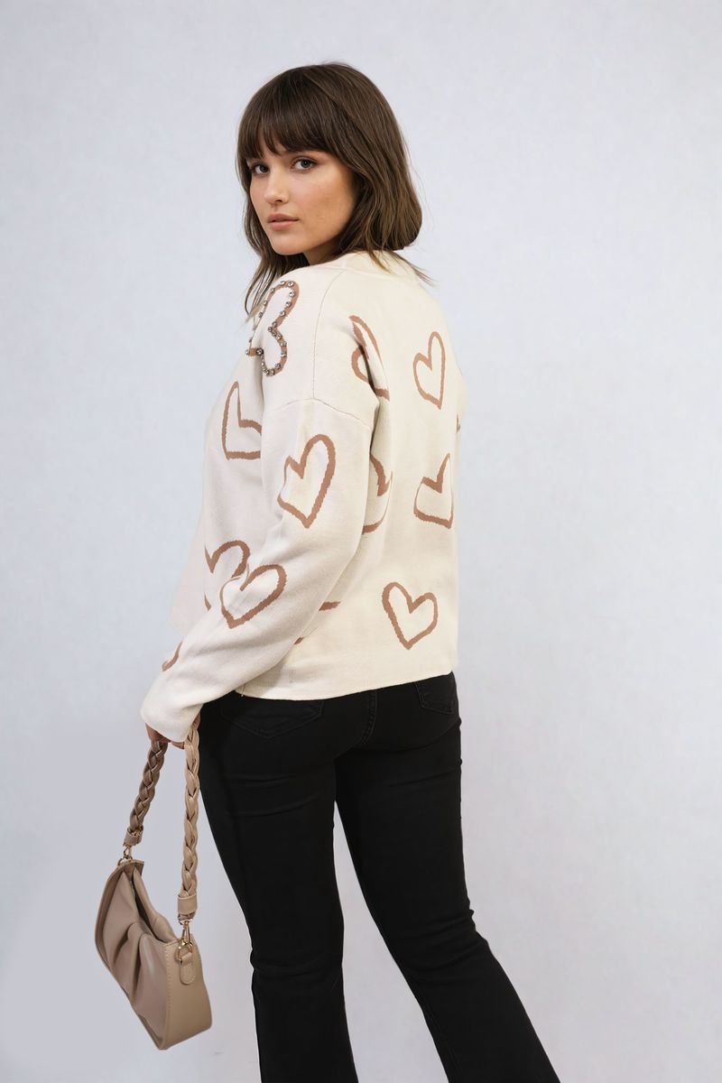 V-Neck Knit Jumper with Embellished Hearts
