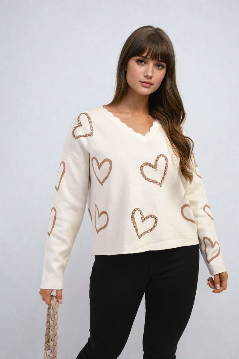 V-Neck Knit Jumper with Embellished Hearts