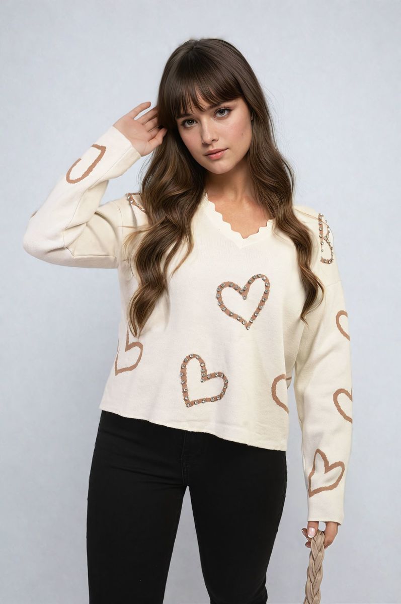 V-Neck Knit Jumper with Embellished Hearts