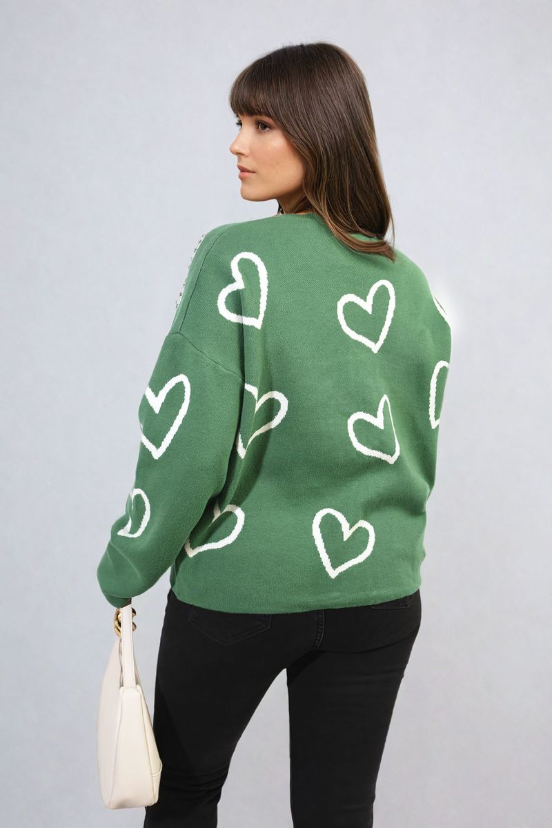 V-Neck Knit Jumper with Embellished Hearts