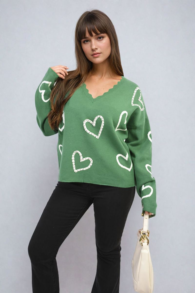 V-Neck Knit Jumper with Embellished Hearts