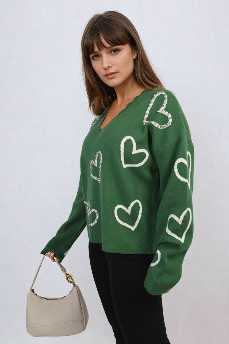 V-Neck Knit Jumper with Embellished Hearts