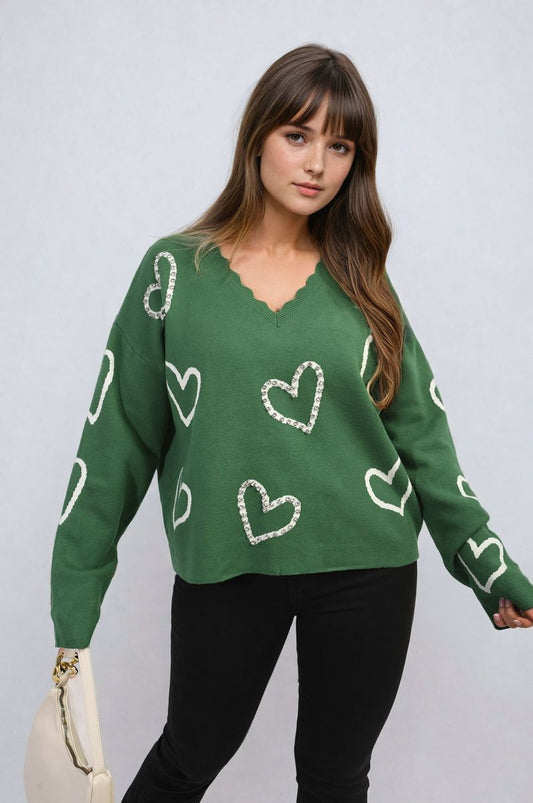 V-Neck Knit Jumper with Embellished Hearts