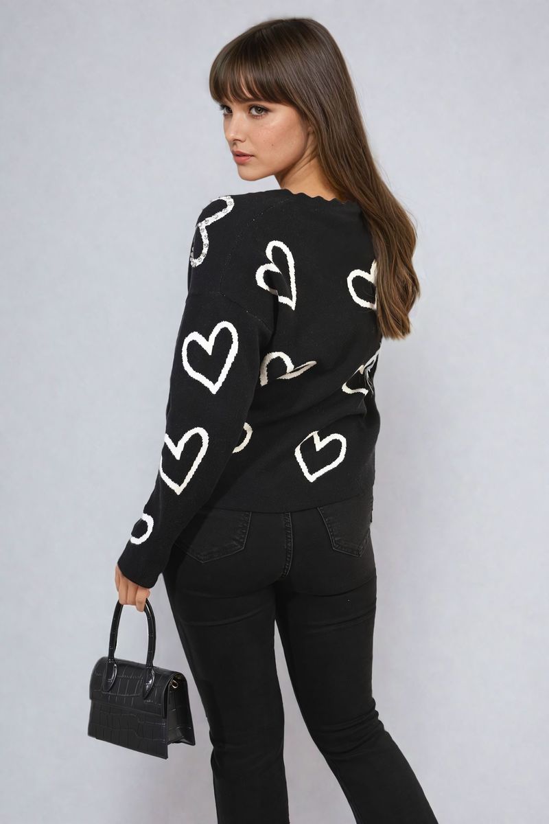V-Neck Knit Jumper with Embellished Hearts