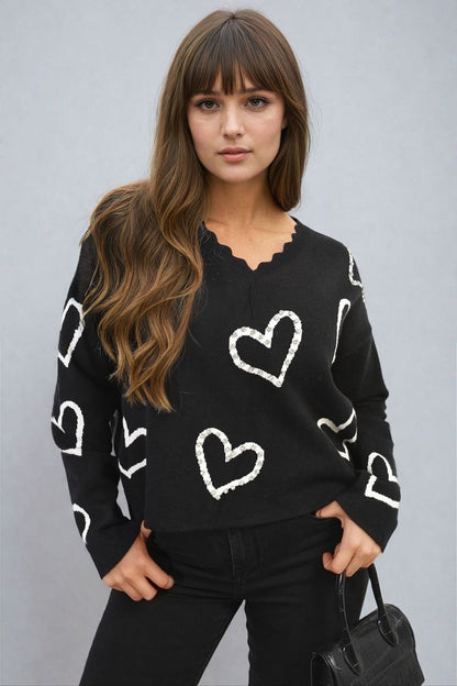 V-Neck Knit Jumper with Embellished Hearts