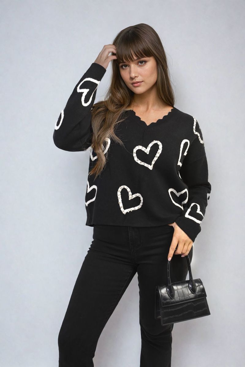 V-Neck Knit Jumper with Embellished Hearts