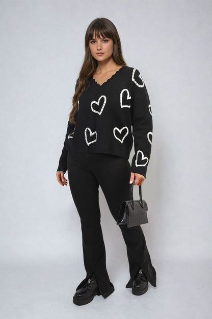 V-Neck Knit Jumper with Embellished Hearts