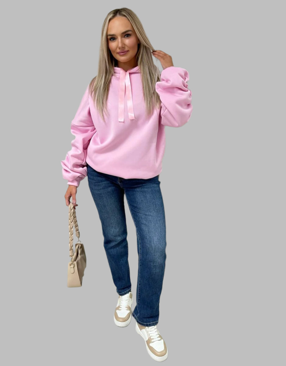 Oversized Knitted Hoodie with Ruched Sleeves & Ribbon Detail
