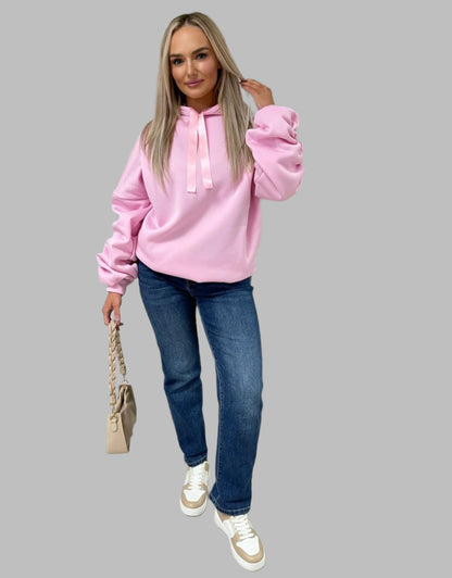 Oversized Knitted Hoodie with Ruched Sleeves & Ribbon Detail