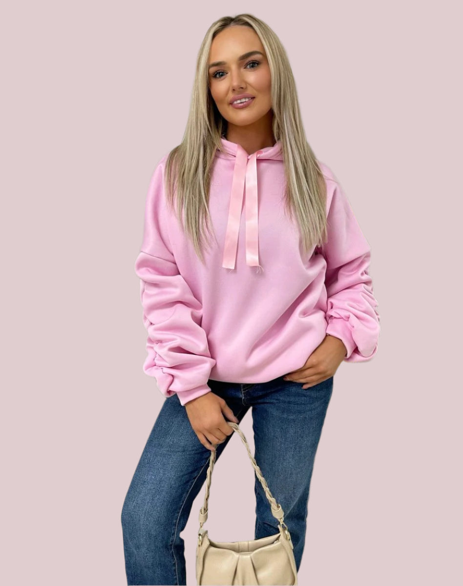Oversized Knitted Hoodie with Ruched Sleeves & Ribbon Detail