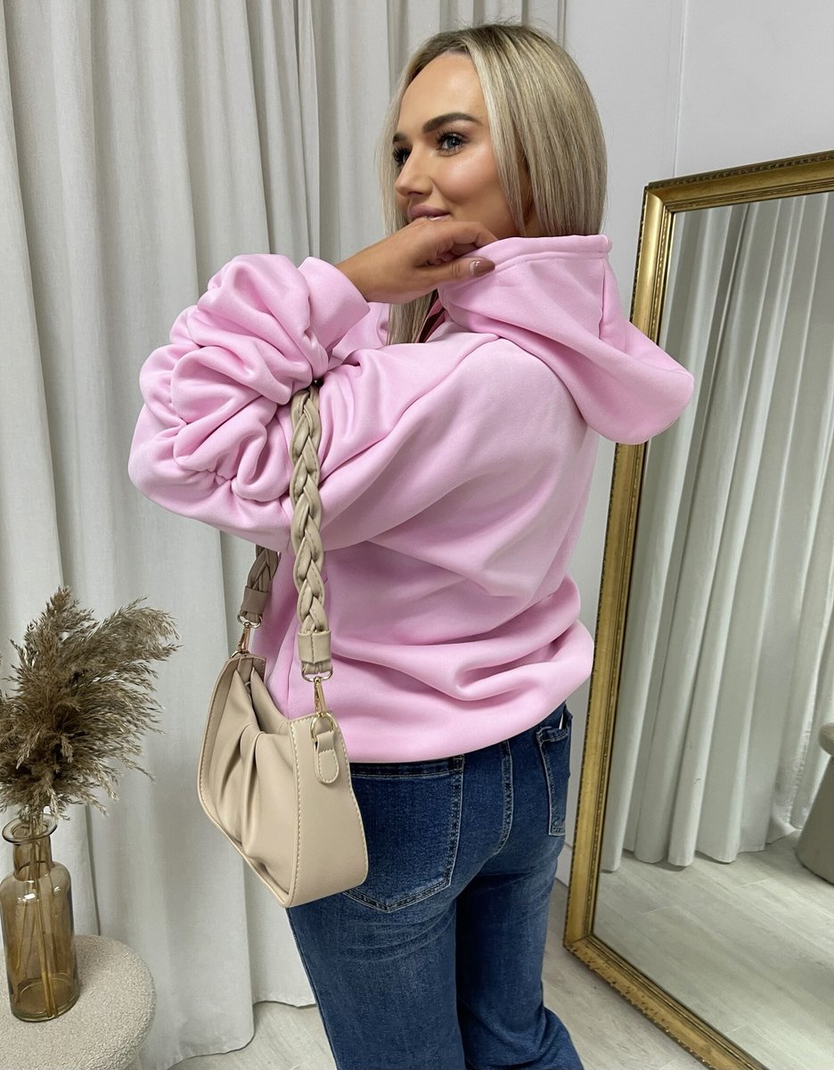 Oversized Knitted Hoodie with Ruched Sleeves & Ribbon Detail