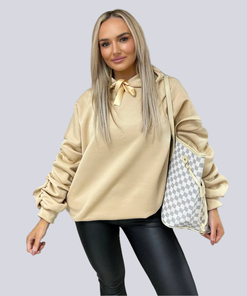 Oversized Knitted Hoodie with Ruched Sleeves & Ribbon Detail