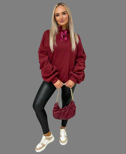 Oversized Knitted Hoodie with Ruched Sleeves & Ribbon Detail