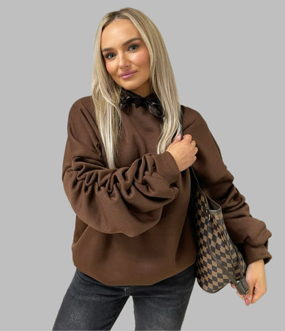 Oversized Knitted Hoodie with Ruched Sleeves & Ribbon Detail