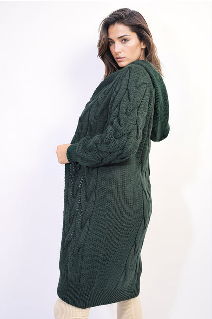 Chunky Cable Knit Hooded Longline Cardigan