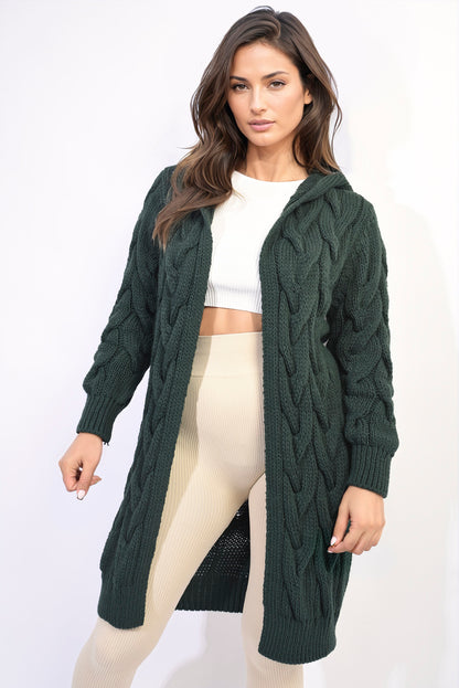 Chunky Cable Knit Hooded Longline Cardigan