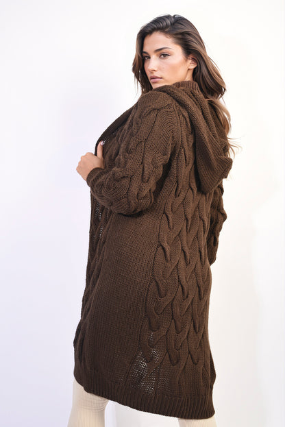 Chunky Cable Knit Hooded Longline Cardigan