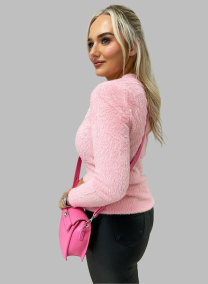Fitted Fluffy Knit Long Sleeve Top