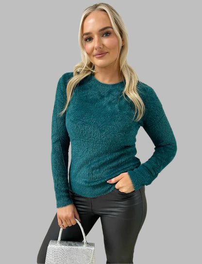 Fitted Fluffy Knit Long Sleeve Top