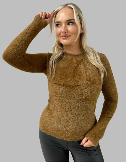Fitted Fluffy Knit Long Sleeve Top