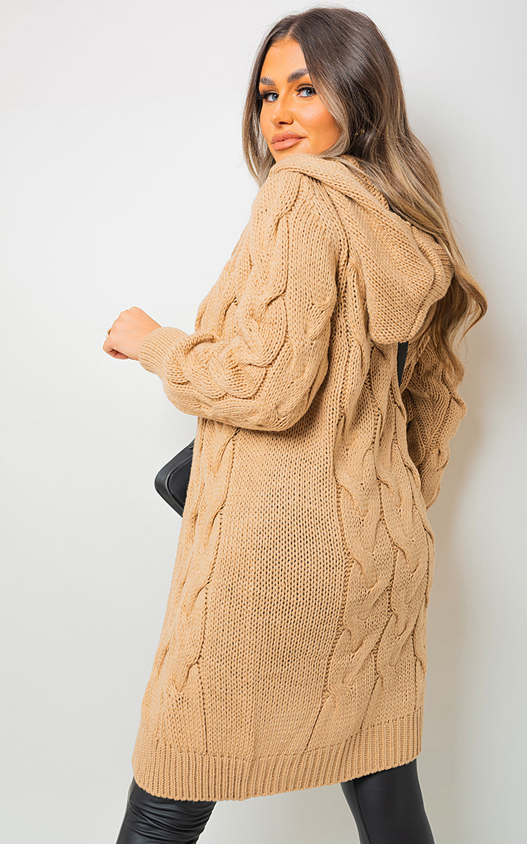 Chunky Cable Knit Hooded Longline Cardigan
