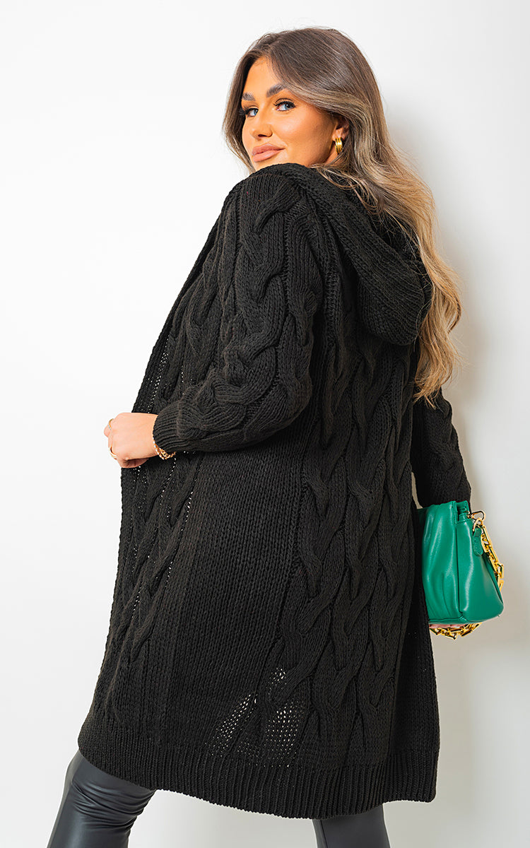 Chunky Cable Knit Hooded Longline Cardigan