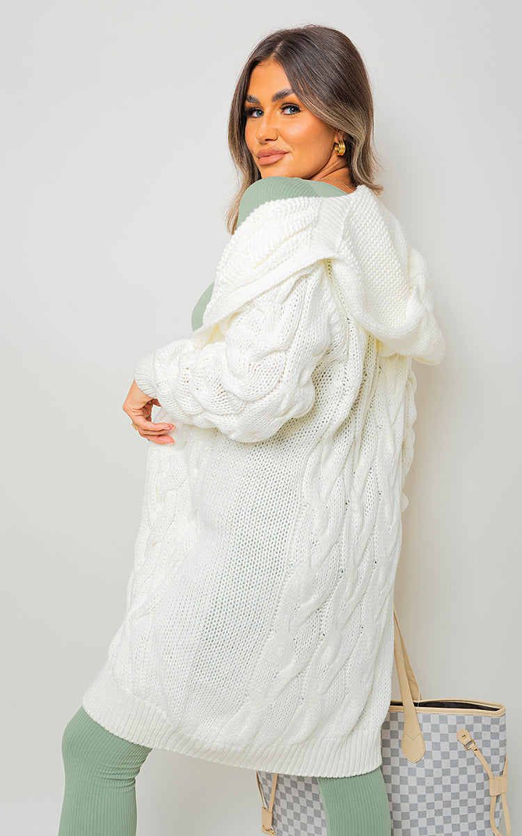 Chunky Cable Knit Hooded Longline Cardigan