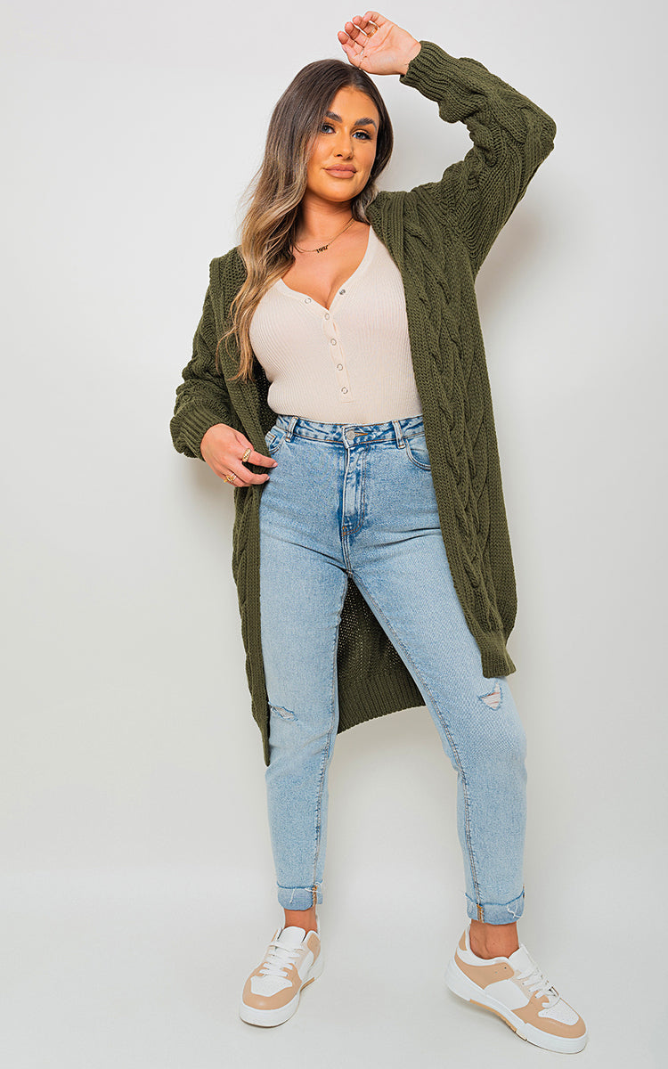 Chunky Cable Knit Hooded Longline Cardigan