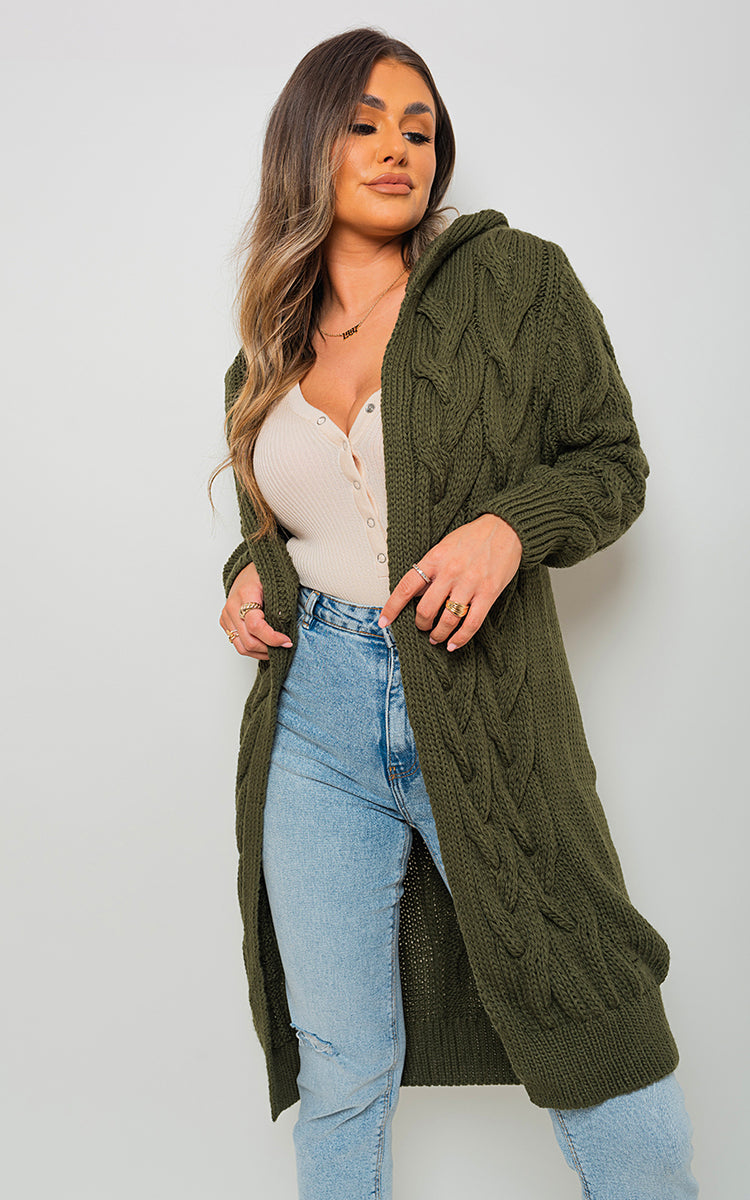 Chunky Cable Knit Hooded Longline Cardigan