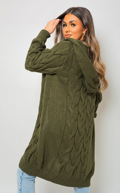 Chunky Cable Knit Hooded Longline Cardigan
