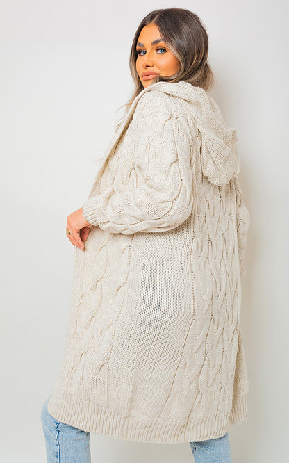 Chunky Cable Knit Hooded Longline Cardigan