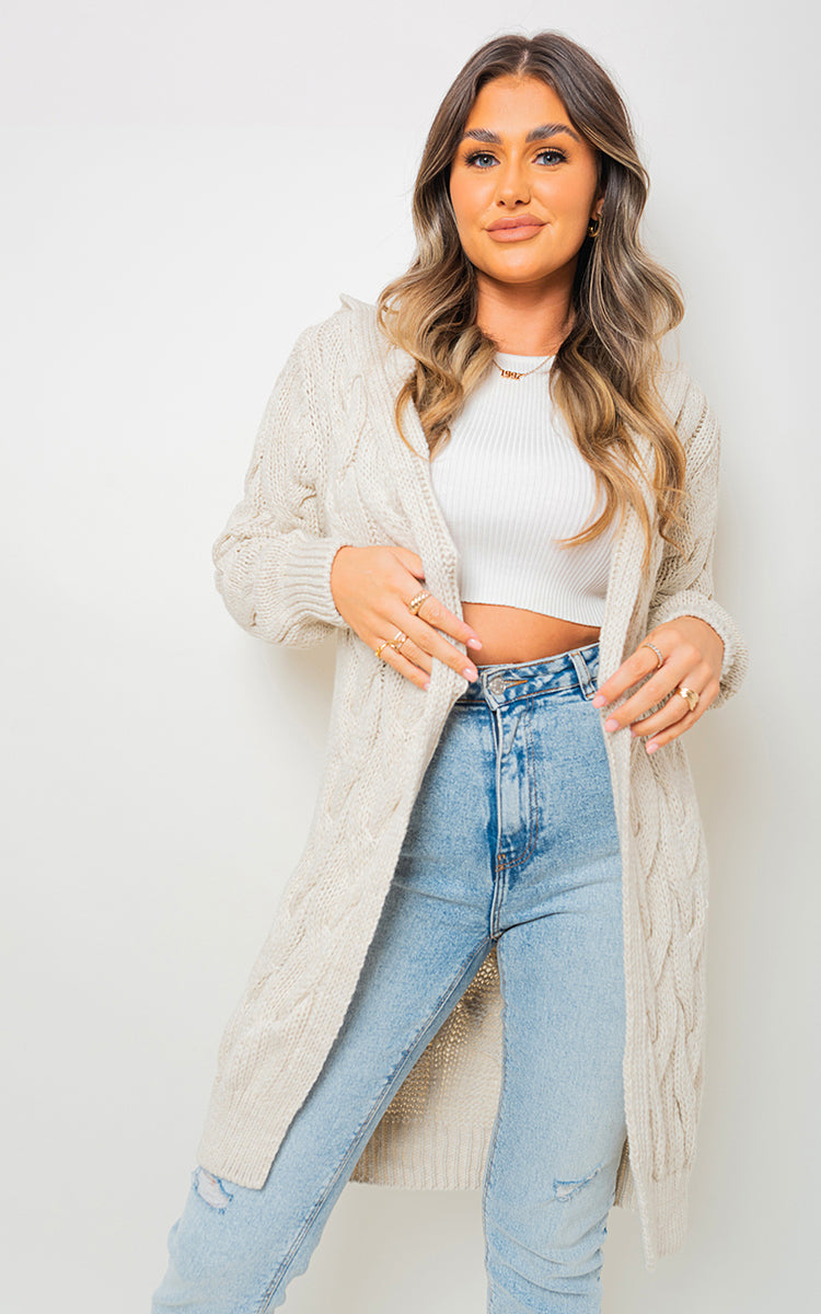 Chunky Cable Knit Hooded Longline Cardigan