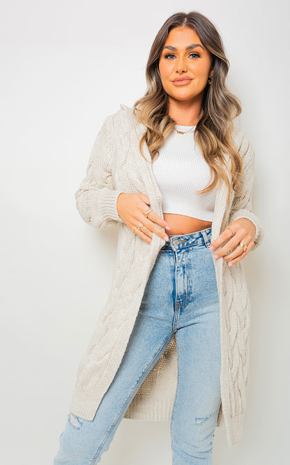 Chunky Cable Knit Hooded Longline Cardigan