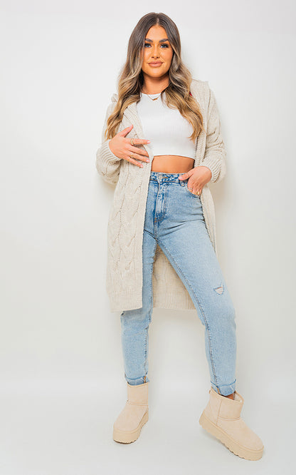 Chunky Cable Knit Hooded Longline Cardigan