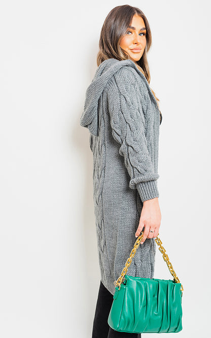 Chunky Cable Knit Hooded Longline Cardigan
