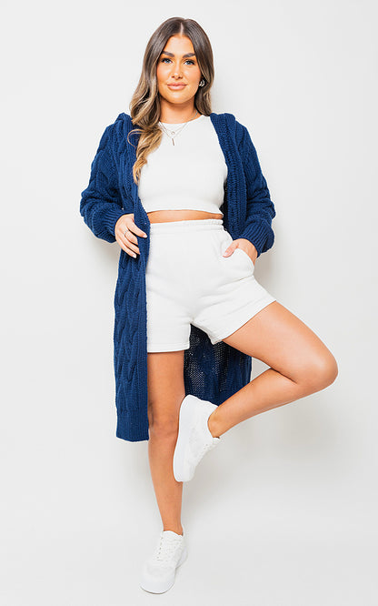 Chunky Cable Knit Hooded Longline Cardigan