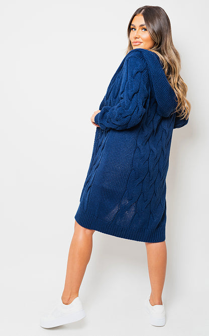 Chunky Cable Knit Hooded Longline Cardigan