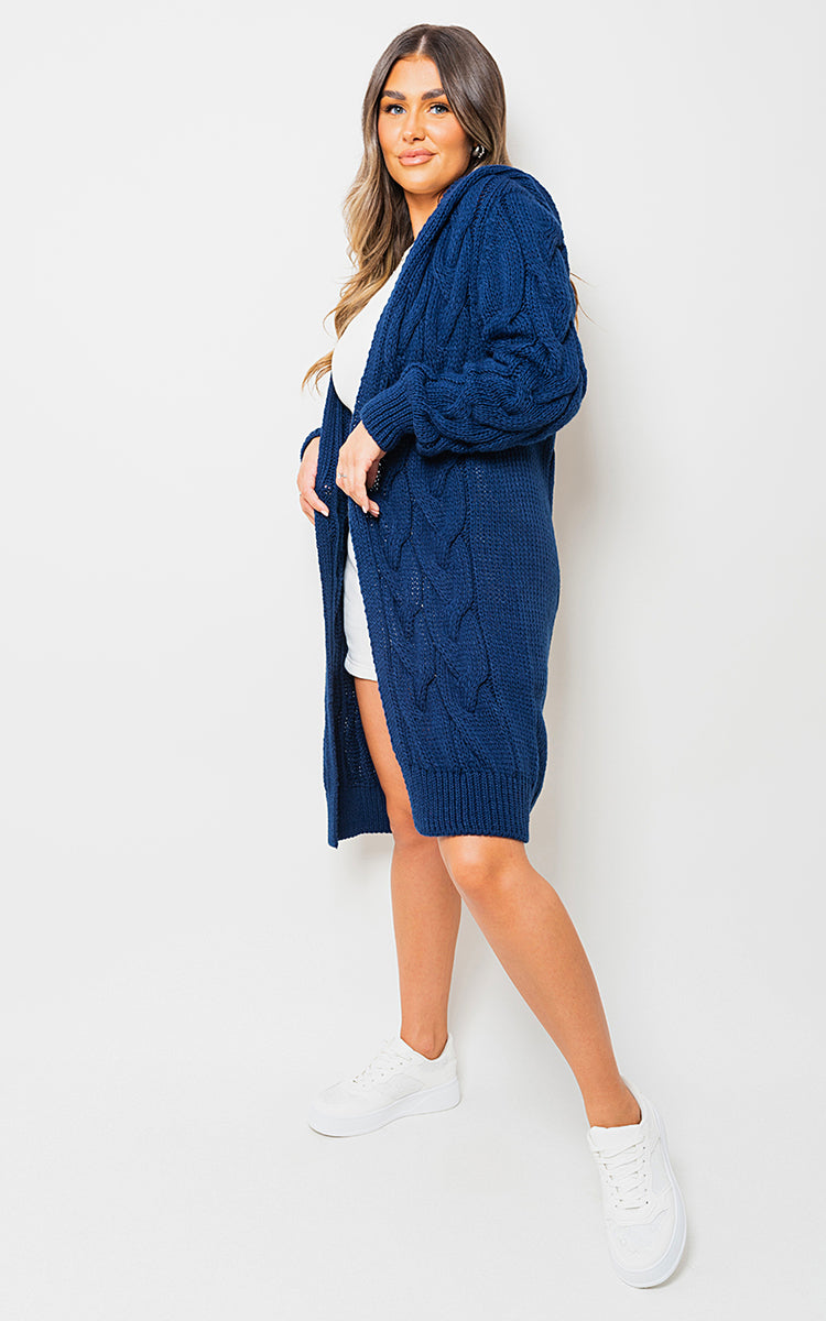 Chunky Cable Knit Hooded Longline Cardigan