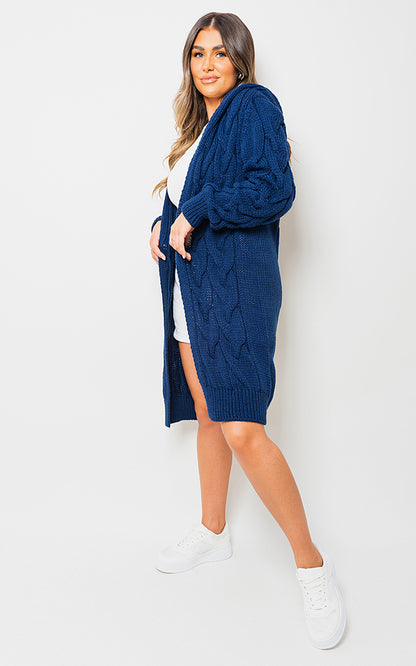 Chunky Cable Knit Hooded Longline Cardigan