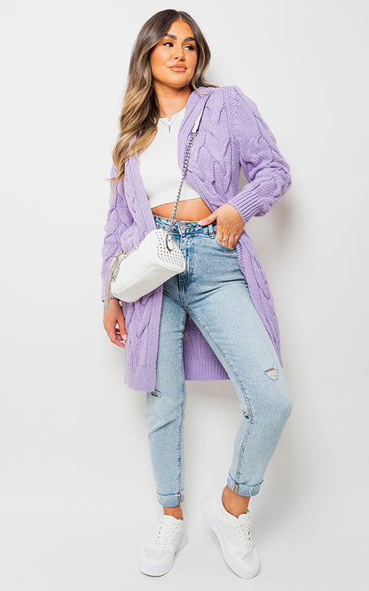 Chunky Cable Knit Hooded Longline Cardigan