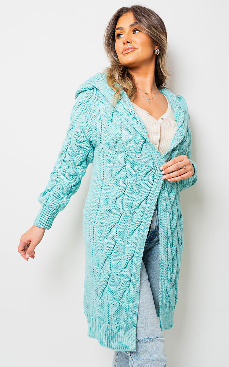 Chunky Cable Knit Hooded Longline Cardigan
