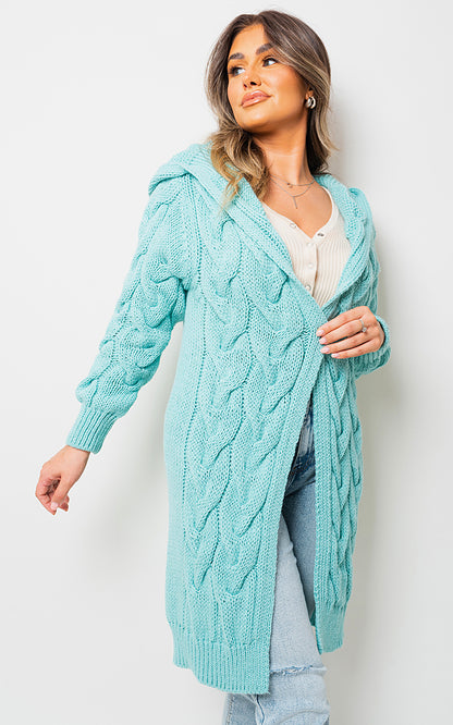 Chunky Cable Knit Hooded Longline Cardigan