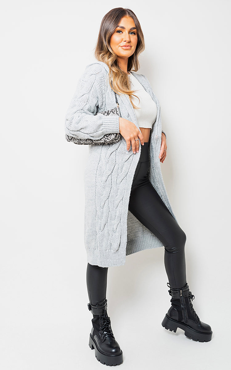 Chunky Cable Knit Hooded Longline Cardigan